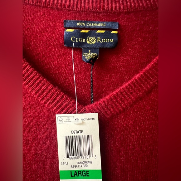 Club Room 100% Cashmere V-Neck Sweater in Rich Red, Large New! - Picture 3 of 3